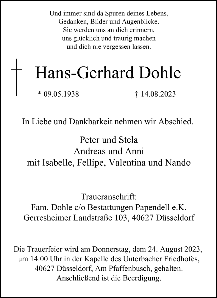  Traueranzeige für Hans-Gerhard Dohle vom 19.08.2023 aus Tageszeitung
