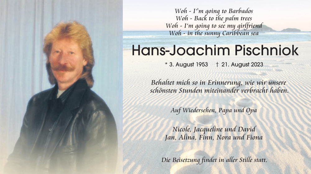  Traueranzeige für Hans-Joachim Pischniok vom 26.08.2023 aus Tageszeitung