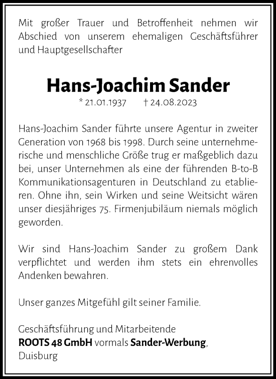 Traueranzeige von Hans-Joachim Sander von Tageszeitung
