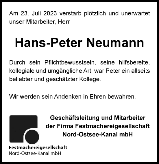 Traueranzeige von Hans-Peter Neumann von Tageszeitung