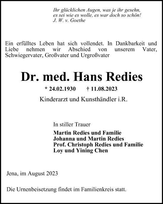 Traueranzeige von Hans Redies von Tageszeitung
