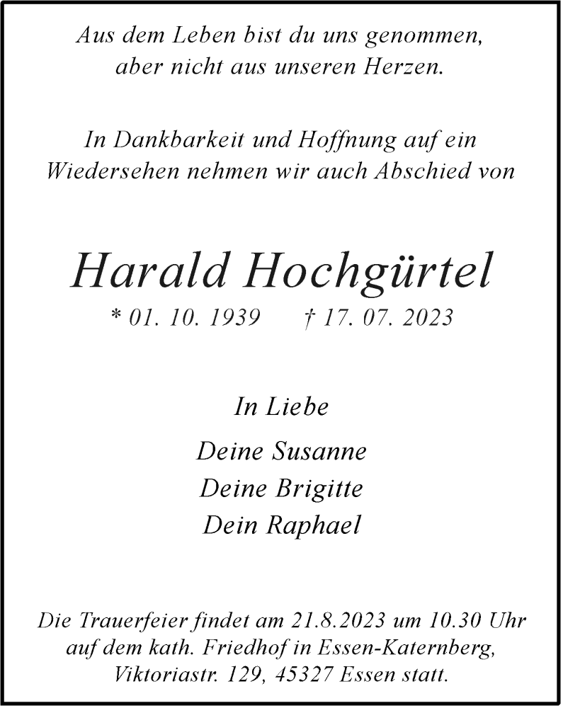  Traueranzeige für Harald Hochgürtel vom 12.08.2023 aus Tageszeitung