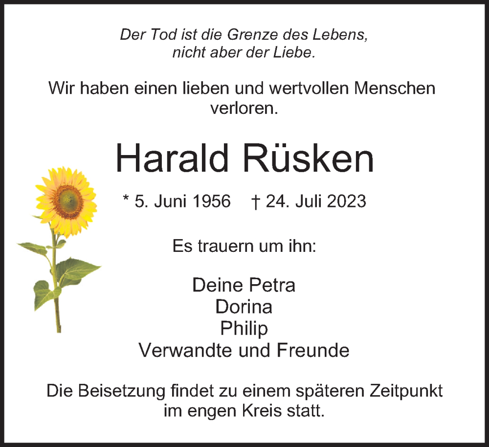  Traueranzeige für Harald Rüsken vom 18.08.2023 aus Tageszeitung