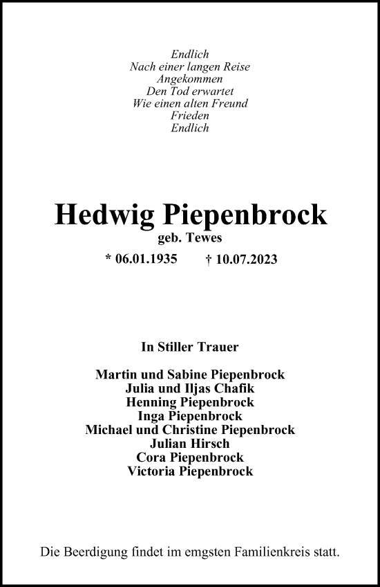 Traueranzeige von Hedwig Piepenbrock von Tageszeitung