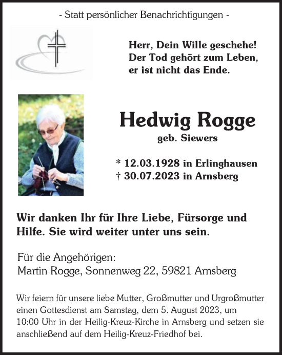 Traueranzeige von Hedwig Rogge von Tageszeitung