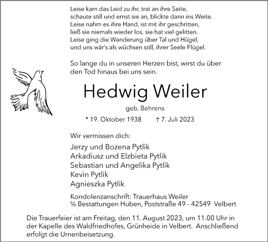 Traueranzeige von Hedwig Weiler von Tageszeitung