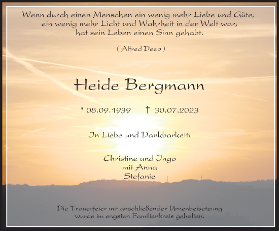 Traueranzeige von Heide Bergmann von Tageszeitung