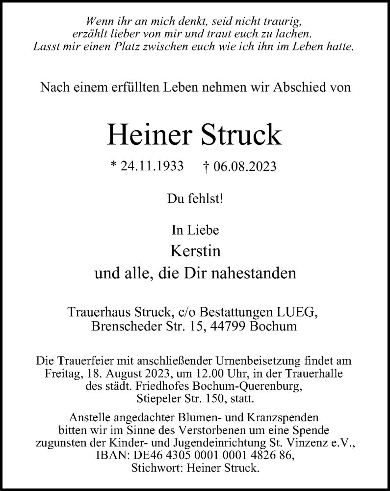  Traueranzeige für Heiner Struck vom 12.08.2023 aus Tageszeitung