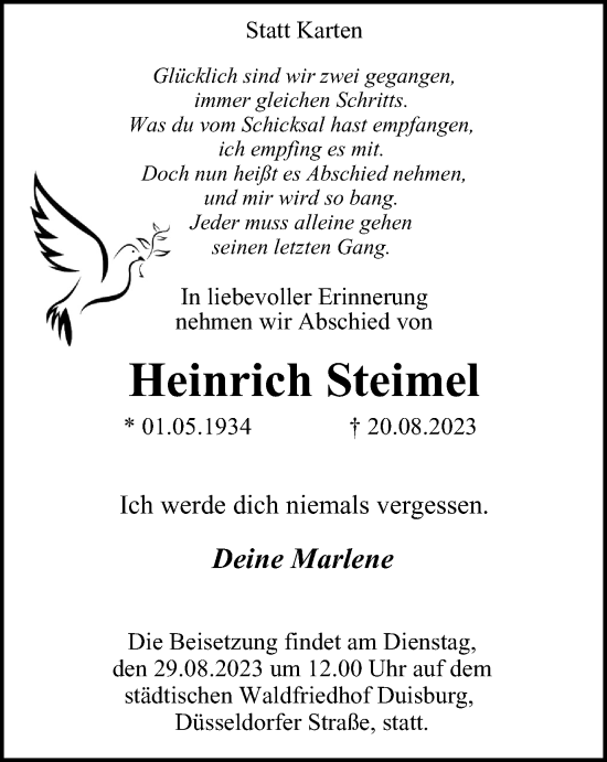 Traueranzeige von Heinrich Steimel von Tageszeitung