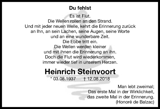 Traueranzeige von Heinrich Steinvoort von Tageszeitung