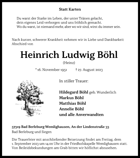 Traueranzeige von Heinrich Ludwig Böhl von Tageszeitung