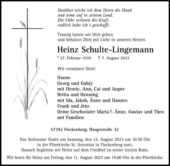 Traueranzeige von Heinz Schulte-Lingemann von Tageszeitung