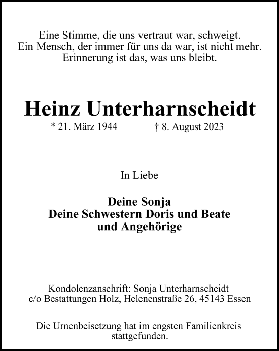 Traueranzeige von Heinz Unterharnscheidt von Tageszeitung