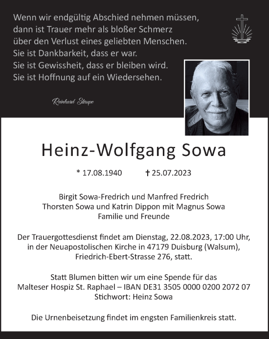 Traueranzeige von Heinz-Wolfgang Sowa von Tageszeitung