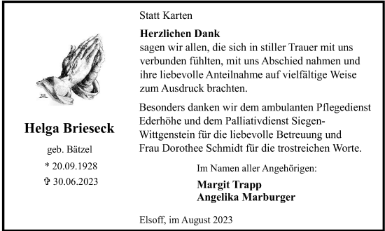 Traueranzeige von Helga Brieseck von Tageszeitung
