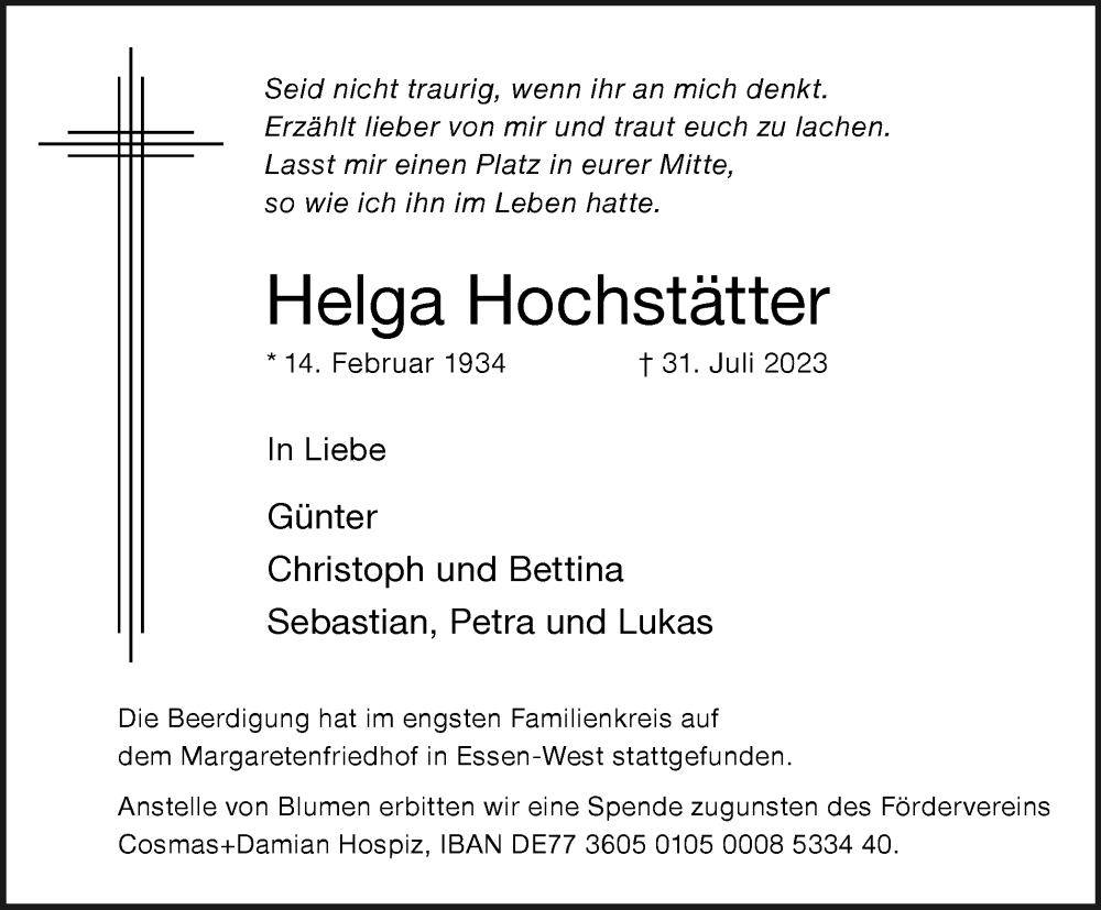  Traueranzeige für Helga Hochstätter vom 12.08.2023 aus Tageszeitung