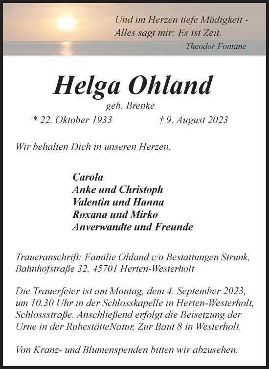 Traueranzeige von Helga Ohland von Tageszeitung