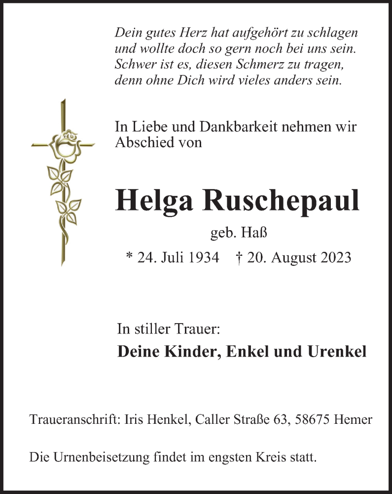  Traueranzeige für Helga Ruschepaul vom 26.08.2023 aus Tageszeitung