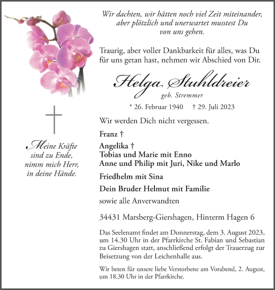 Traueranzeige von Helga Stuhldreier von Tageszeitung