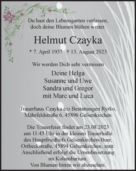 Traueranzeige von Helmut Czayka von Tageszeitung