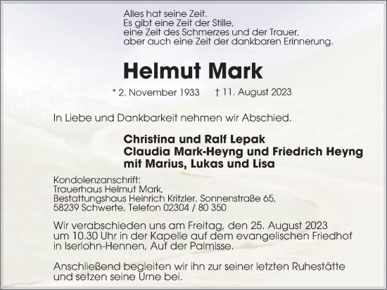 Traueranzeige von Helmut Mark von Tageszeitung