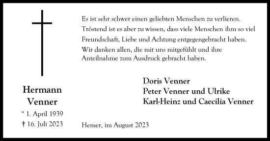 Traueranzeige von Hermann Venner von Tageszeitung