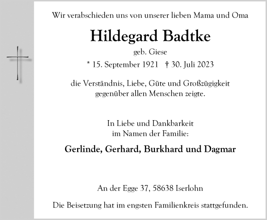 Traueranzeige von Hildegard Badtke von Tageszeitung