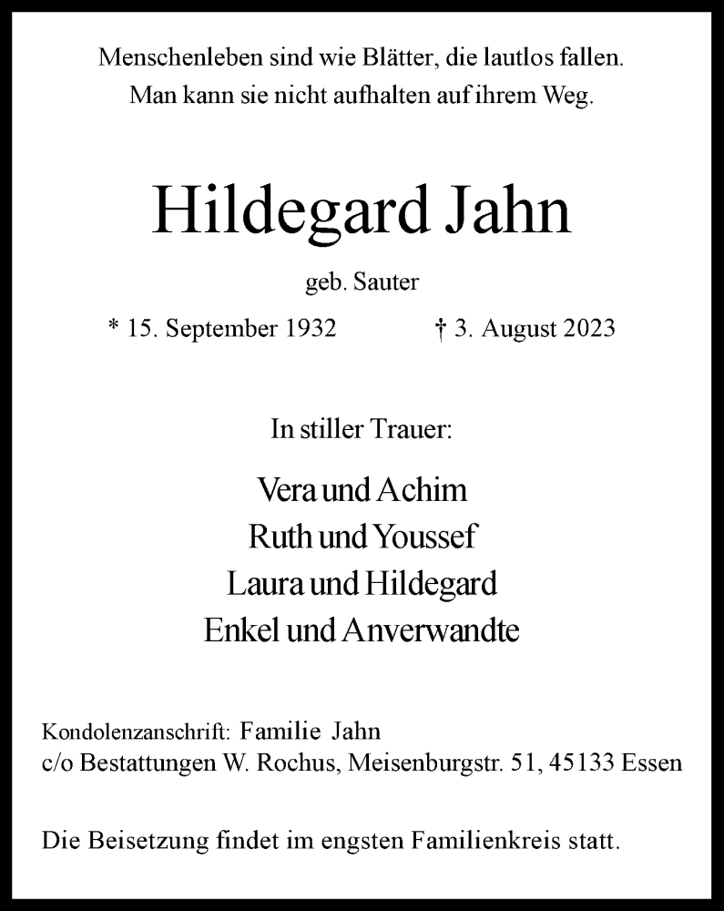 Traueranzeigen von Hildegard Jahn TrauerinNRW.de