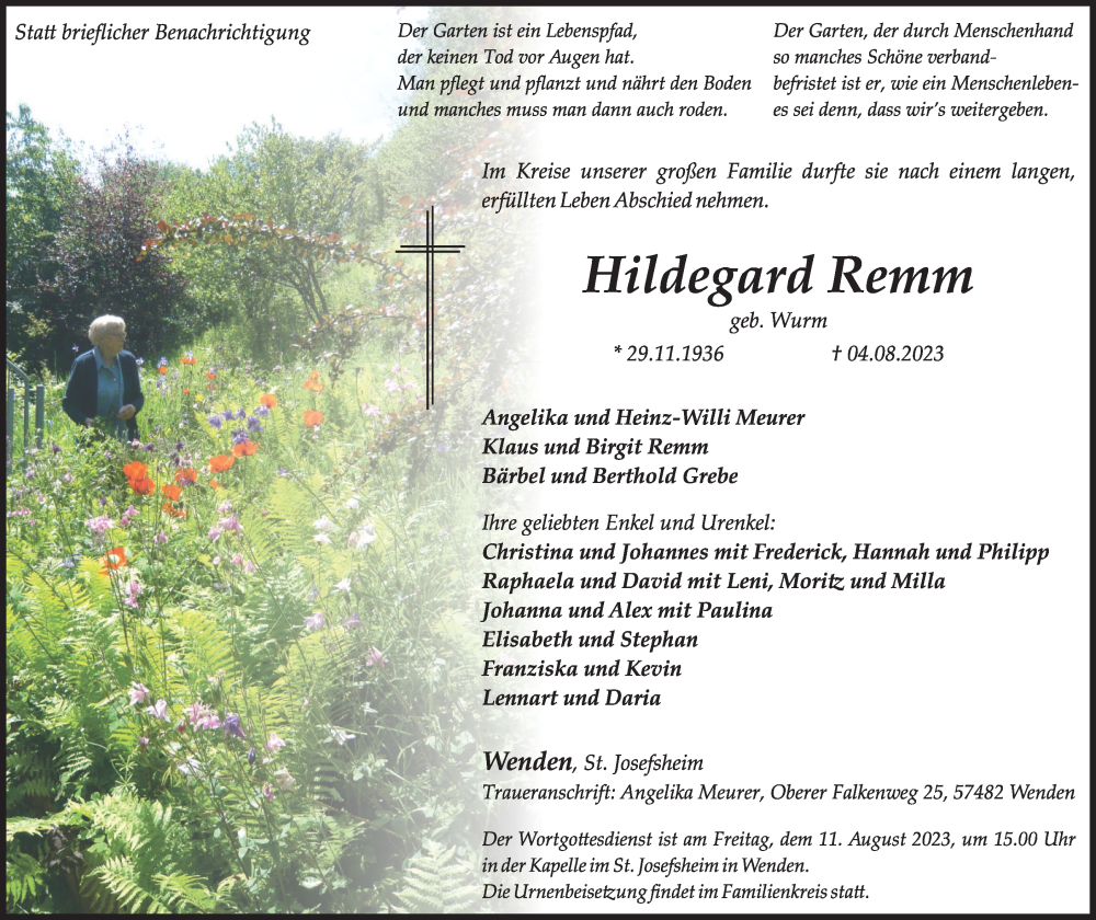 Traueranzeige für Hildegard Remm vom 09.08.2023 aus Tageszeitung