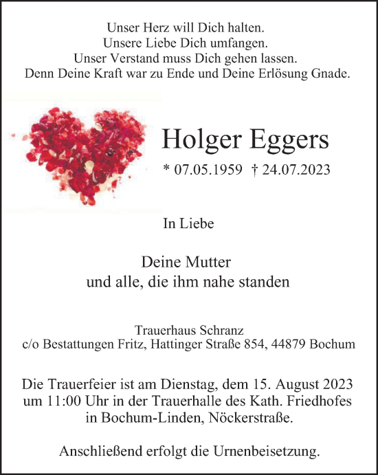 Traueranzeigen von Holger Eggers TrauerinNRW.de