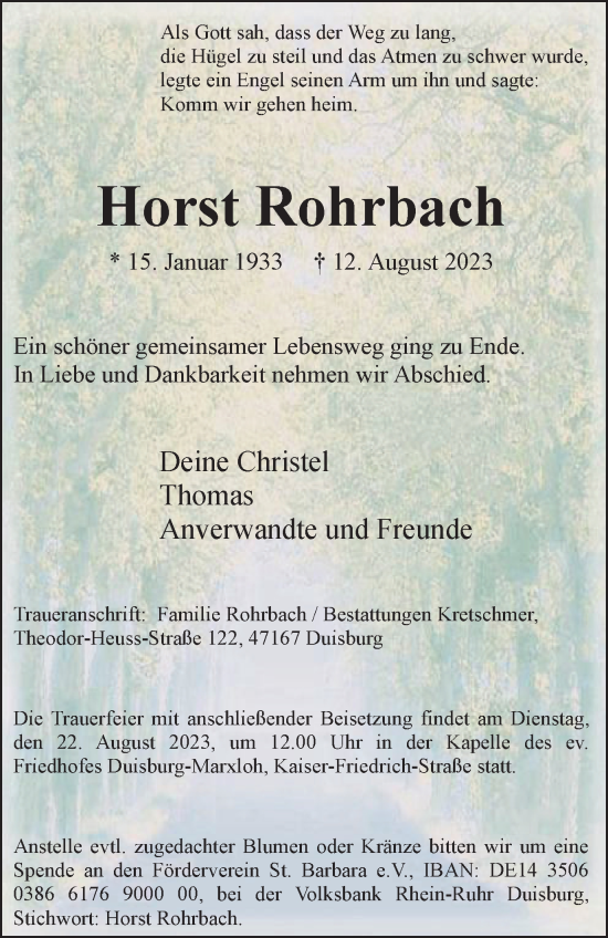 Traueranzeige von Horst Rohrbach von Tageszeitung