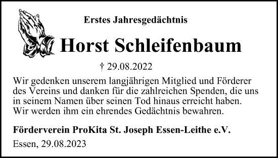 Traueranzeige von Horst Schleifenbaum von Tageszeitung