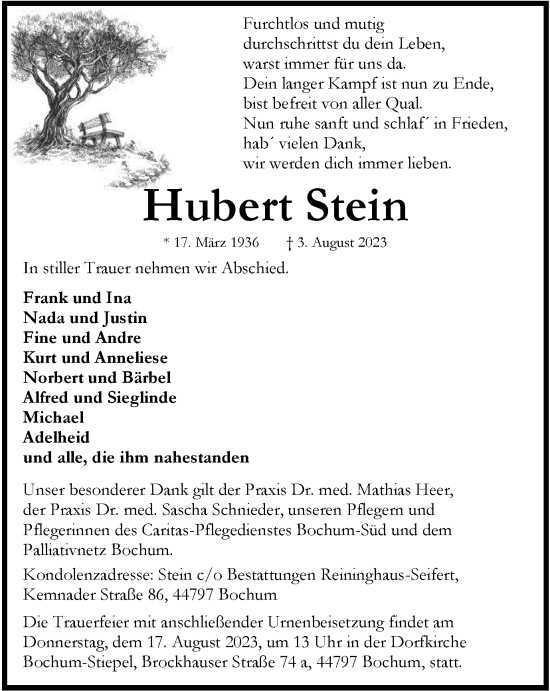 Traueranzeige von Hubert Stein von Tageszeitung