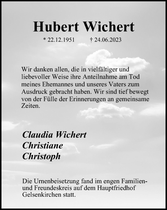 Traueranzeige von Hubert Wichert von Tageszeitung