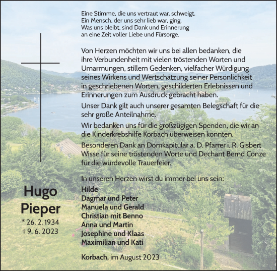 Traueranzeige von Hugo Pieper von Tageszeitung
