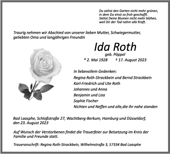 Traueranzeige von Ida Roth von Tageszeitung
