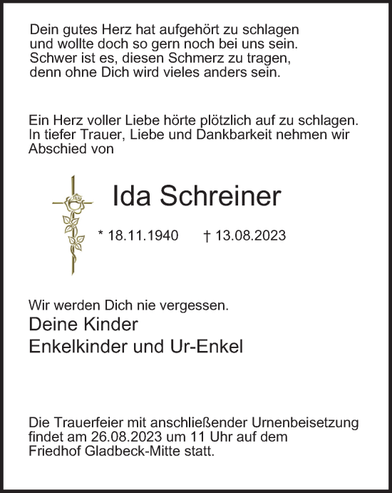 Traueranzeige von Ida Schreiner von Tageszeitung