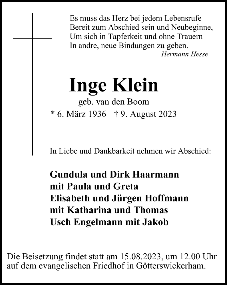  Traueranzeige für Inge Klein vom 12.08.2023 aus Tageszeitung