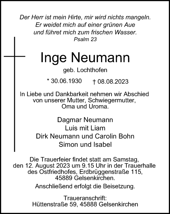 Traueranzeige von Inge Neumann von Tageszeitung