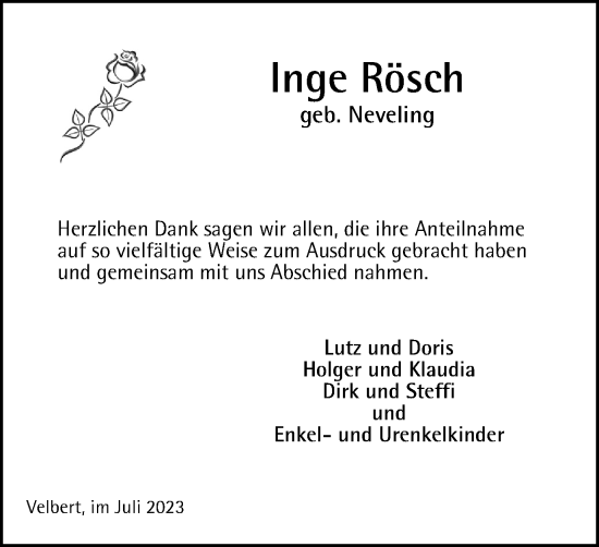 Traueranzeige von Inge Rösch von Tageszeitung