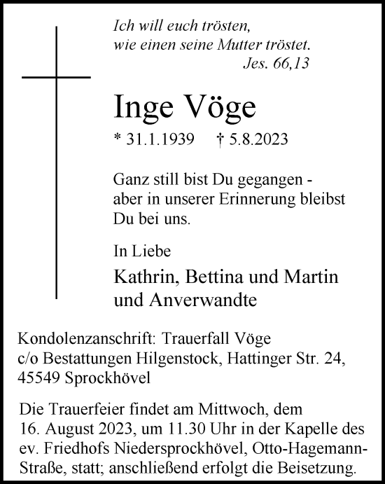 Traueranzeige von Inge Vöge von Tageszeitung