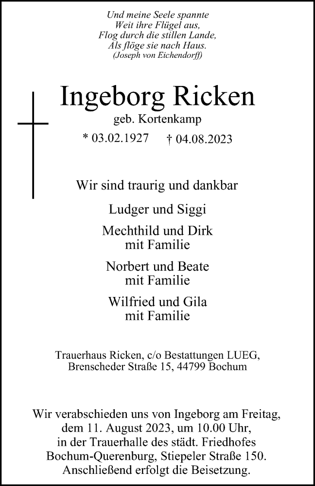  Traueranzeige für Ingeborg Ricken vom 09.08.2023 aus Tageszeitung