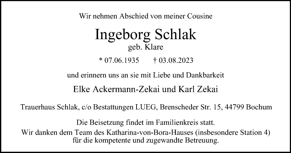  Traueranzeige für Ingeborg Schlak vom 12.08.2023 aus Tageszeitung