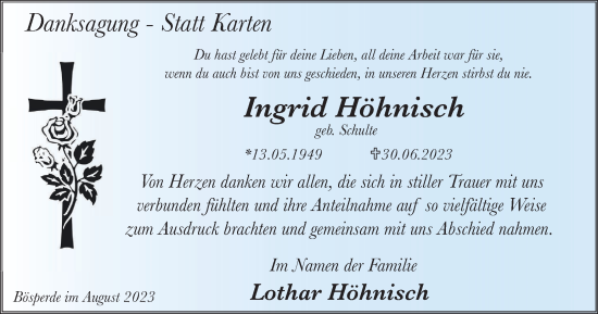 Traueranzeige von Ingrid Höhnisch von Tageszeitung