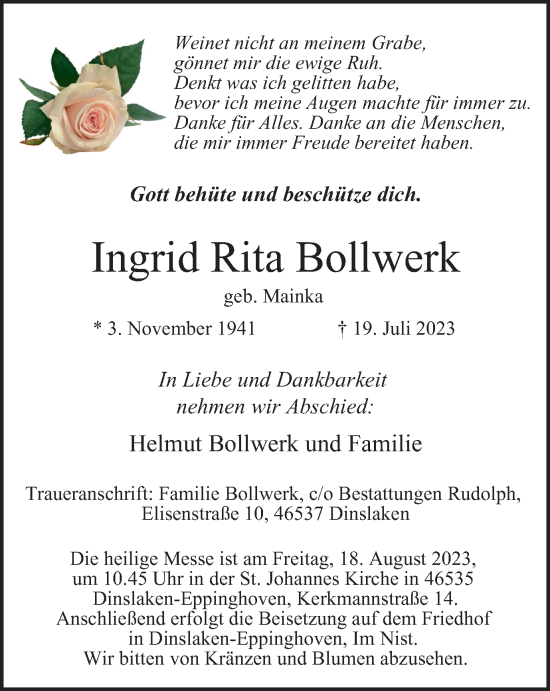 Traueranzeige von Ingrid Rita Bollwerk von Tageszeitung