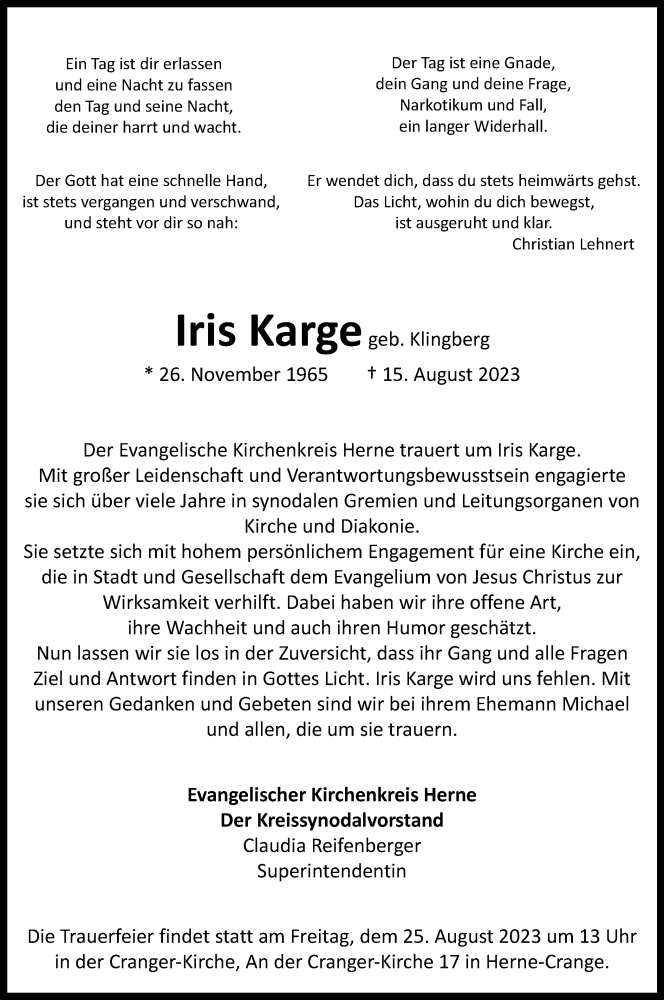  Traueranzeige für Iris Karge vom 24.08.2023 aus Tageszeitung