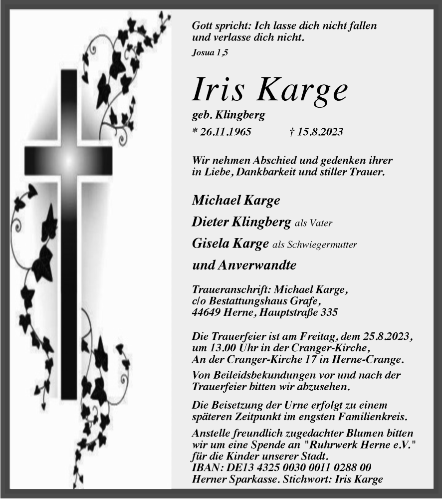  Traueranzeige für Iris Karge vom 19.08.2023 aus Tageszeitung
