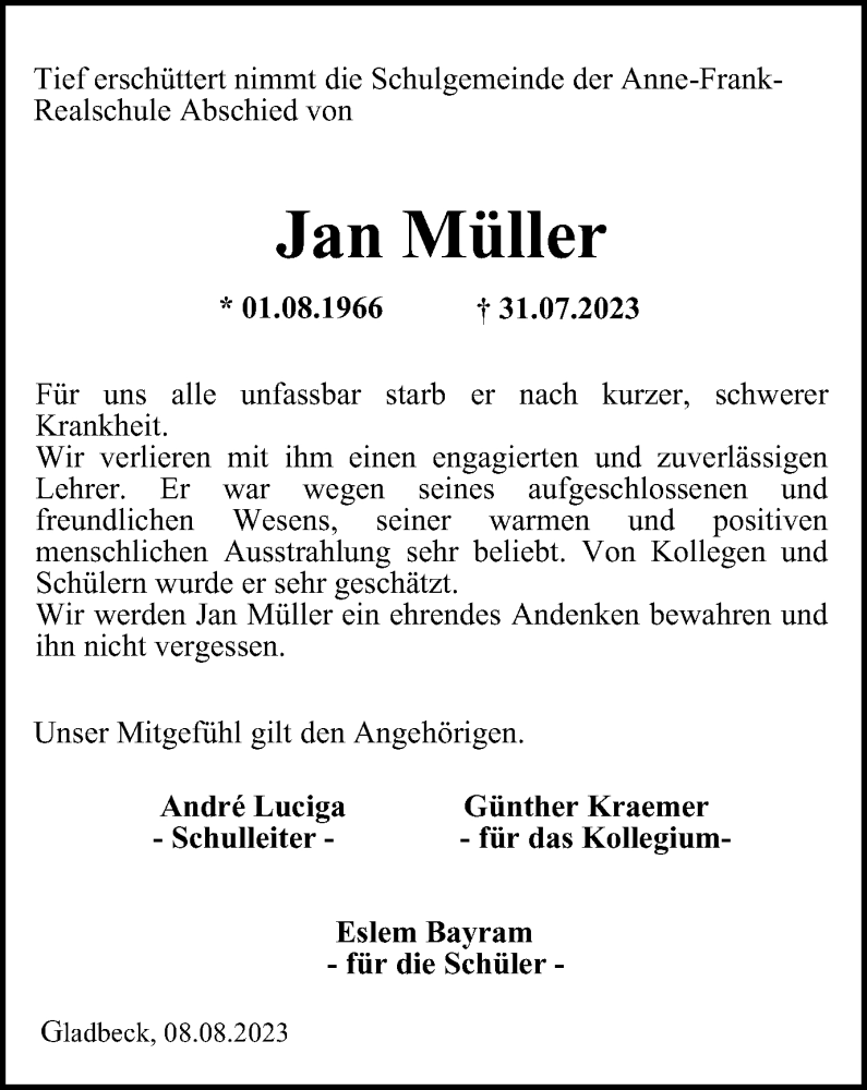  Traueranzeige für Jan Müller vom 12.08.2023 aus Tageszeitung