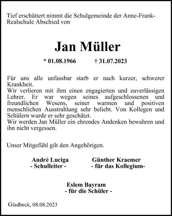 Traueranzeige von Jan Müller von Tageszeitung