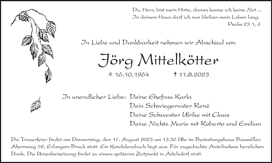 Traueranzeige von Jörg Mittelkötter von Tageszeitung